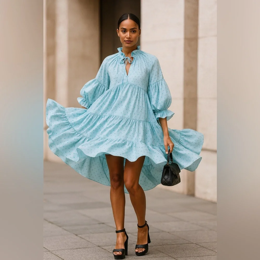cinq a sept | Dresses | Cinq Sept Tiered Ruffle Polka Dot Dress Light Blue  Green Dots 365 Retail | Poshmark